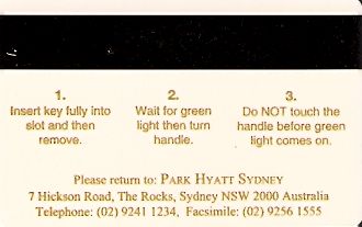 Hotel Keycard Hyatt Sydney Australia Back