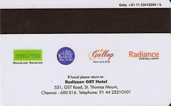 Hotel Keycard Radisson Chennai India Back