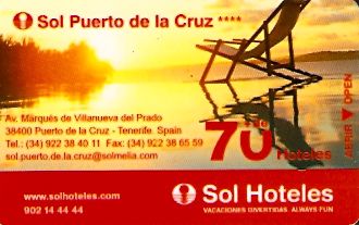 Hotel Keycard Sol Melia - Sol Inn Tenerife Spain Front