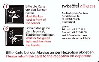 Hotel Keycard Swissotel Zurich Switzerland Back