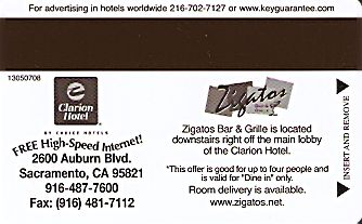 Hotel Keycard Clarion Hotel California (State) U.S.A. (State) Back