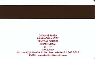 Hotel Keycard Crowne Plaza Birmingham United Kingdom Back