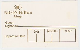 Hotel Keycard Hilton Abuja Nigeria Front