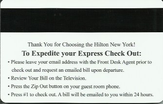 Hotel Keycard Hilton New York City U.S.A. Back