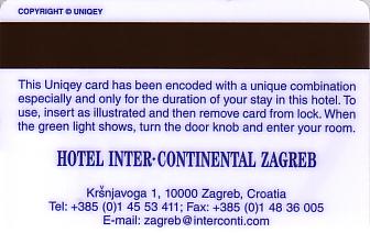 Hotel Keycard Inter-Continental Zagreb Croatia Back