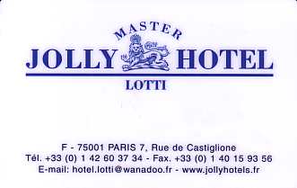Hotel Keycard Jolly Hotels Paris France Front