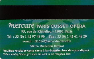 Hotel Keycard Mercure Paris France Back