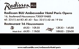 Hotel Keycard Radisson Paris France Back