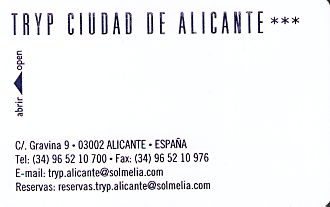 Hotel Keycard Sol Melia - Tryp Alicante Spain Front