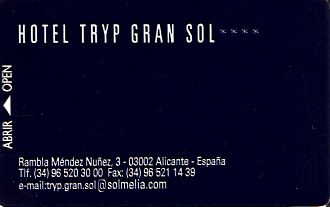 Hotel Keycard Sol Melia - Tryp Alicante Spain Front